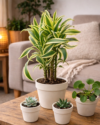 Dracaena reflexa au feuillage panaché dans un pot, posé sur une table de salon lumineux.